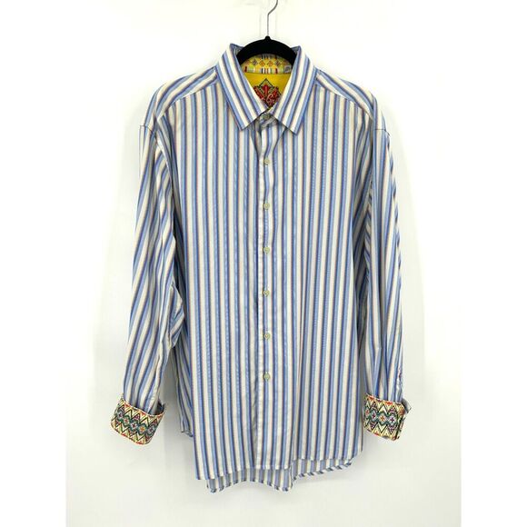 ROBERT GRAHAM Blue White Orange Stripe Embroidered Cuff Button Up Dress Shirt XL - Picture 1 of 9